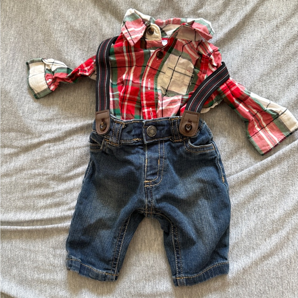 Plaid Shirt and Denim Suspenders Set